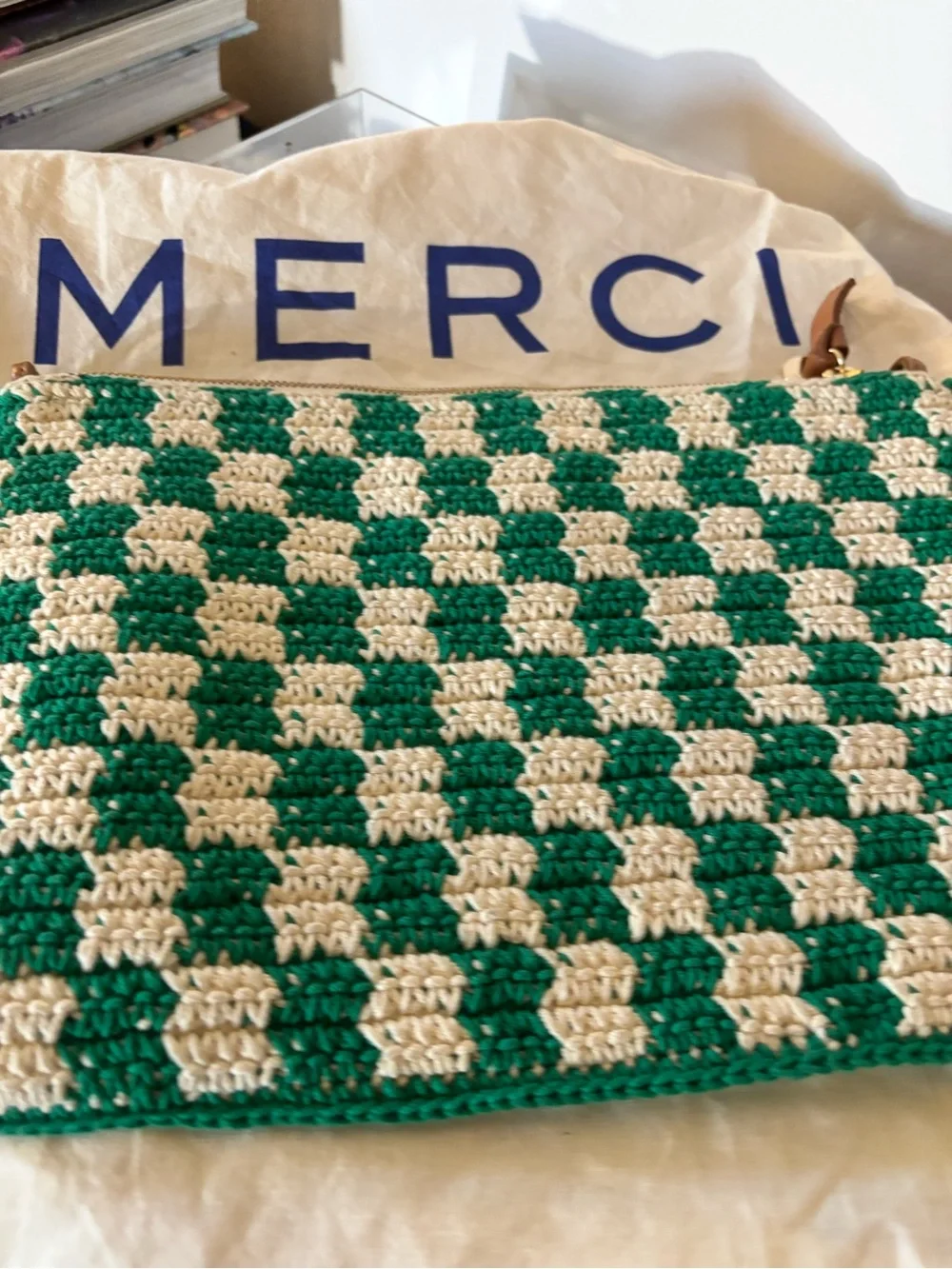 Clare V. Flat Clutch with Tabs in Sea Green & Cream Mini Crochet Checker - EUC